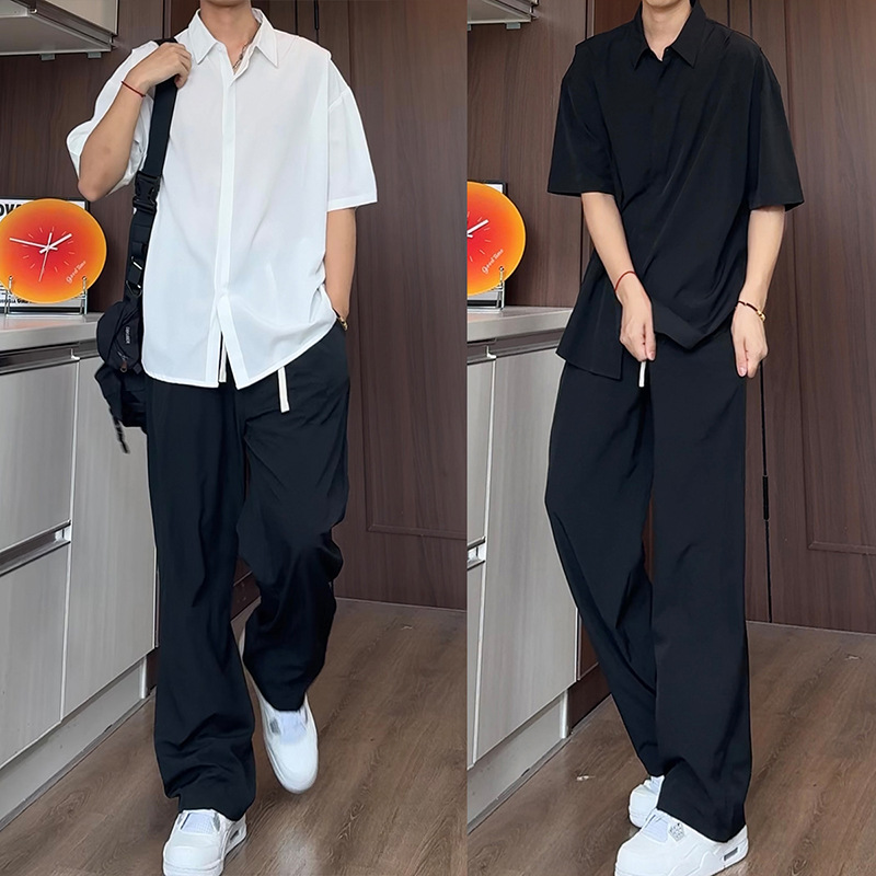 Summer Thin Short-Sleeve Shirt Set for Men, Trendy Casual High-End Ice Silk Shirt Paired with Long Pants Two-Piece Set