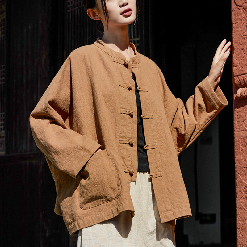 26 Spring New Cotton and Linen Women's Clothing Artistic Retro Ramie Sand-Washed Button-Up Cardigan Long-Sleeve Chinese-Style Cotton and Linen Jacket