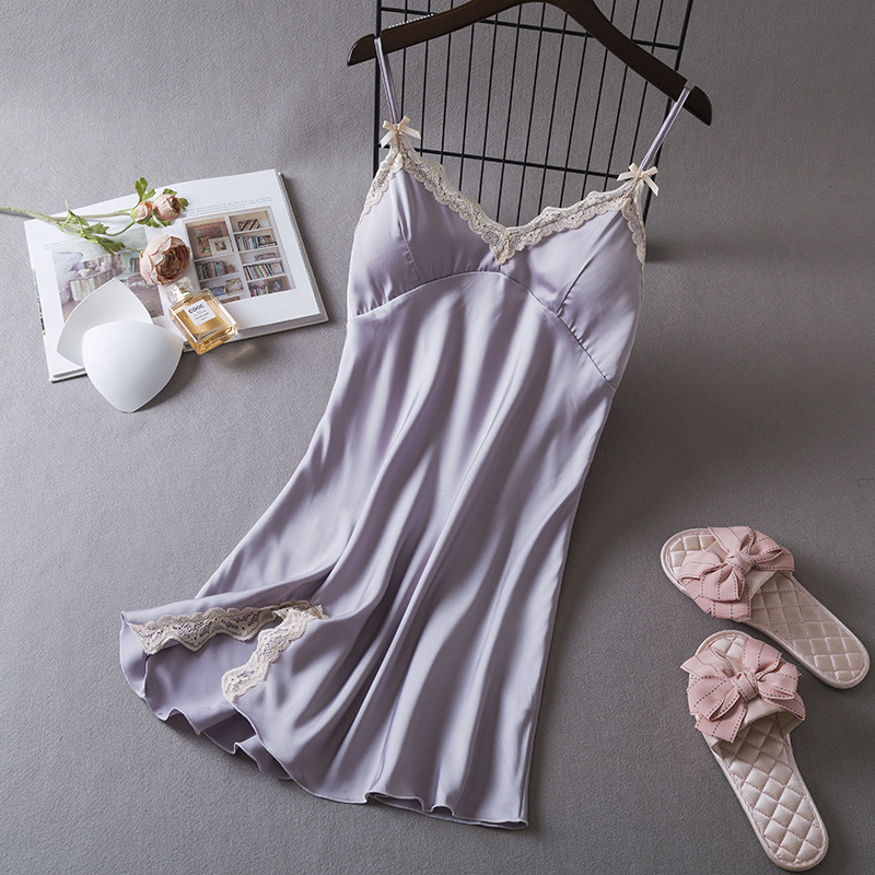 2024 Spring and Summer New Pure Lust Style Pajamas Feminine Suspender Nightgown Women with Breast Pads Simulated Silk Home Clothes