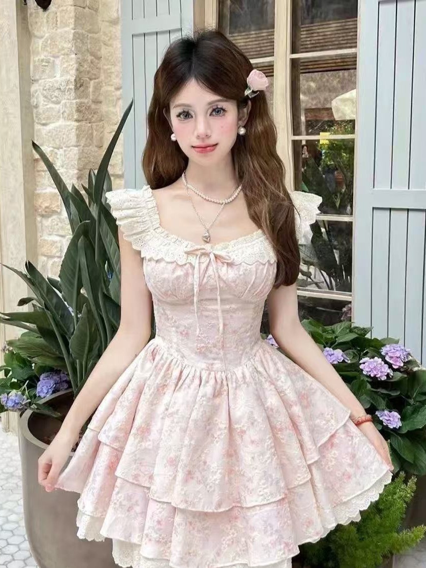 Summer New Style French Floral Dress with Small Flying Sleeves for Women, Sweet Waist-Cinching Slimming Princess Puffy A-Line Short Skirt