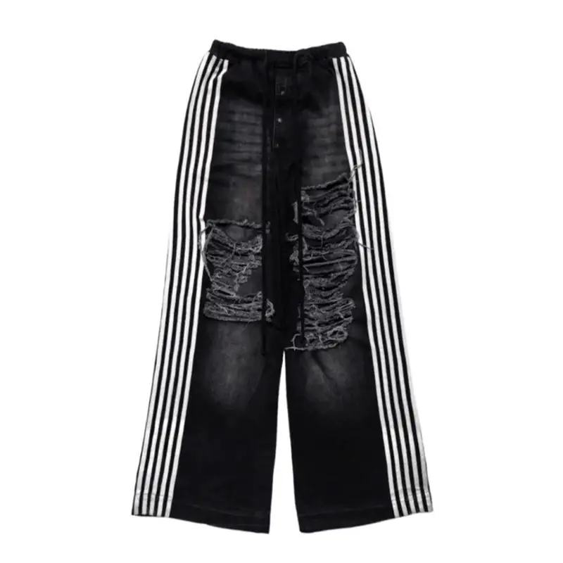 [in stock] YORI SPORT Washed American Retro Four Bar Striped Jeans Loose Wide Leg Mop Pants-GR10K