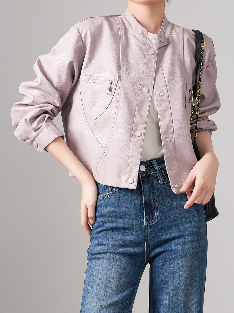 26 Spring New Style Lychee Pattern Elegant Pink Leather Jacket with a Youthful and Playful Feel, Small Stand-Up Collar Coat 29145