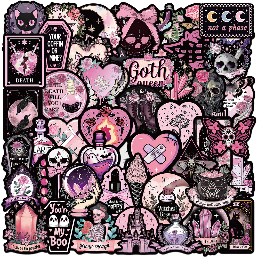 50 Pieces of European and American Pink Gothic Graffiti Stickers for Personalized Decoration of Guitar, Notebook, Suitcase, DIY Cross-Border Cartoon
