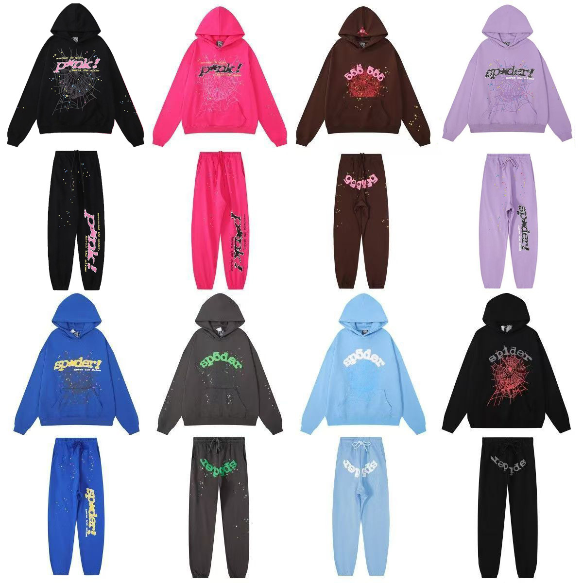 Cross-border Trendy Brand Sp5der555555 Spider Web Printed suit Loose Hooded Sweat Casual Sports Pants Trendy