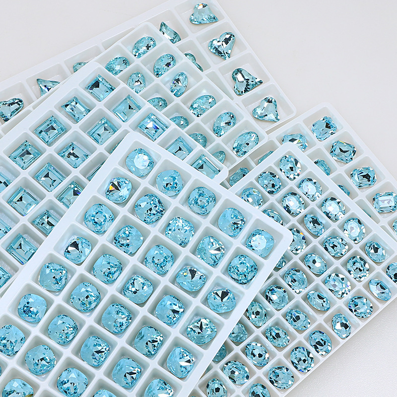 Dongzhou Crystal Lake Blue Diamond Flash Sugar Crooked Heart Oval Pigeon Egg Fat Square k9 Nail Jewelry Wholesale