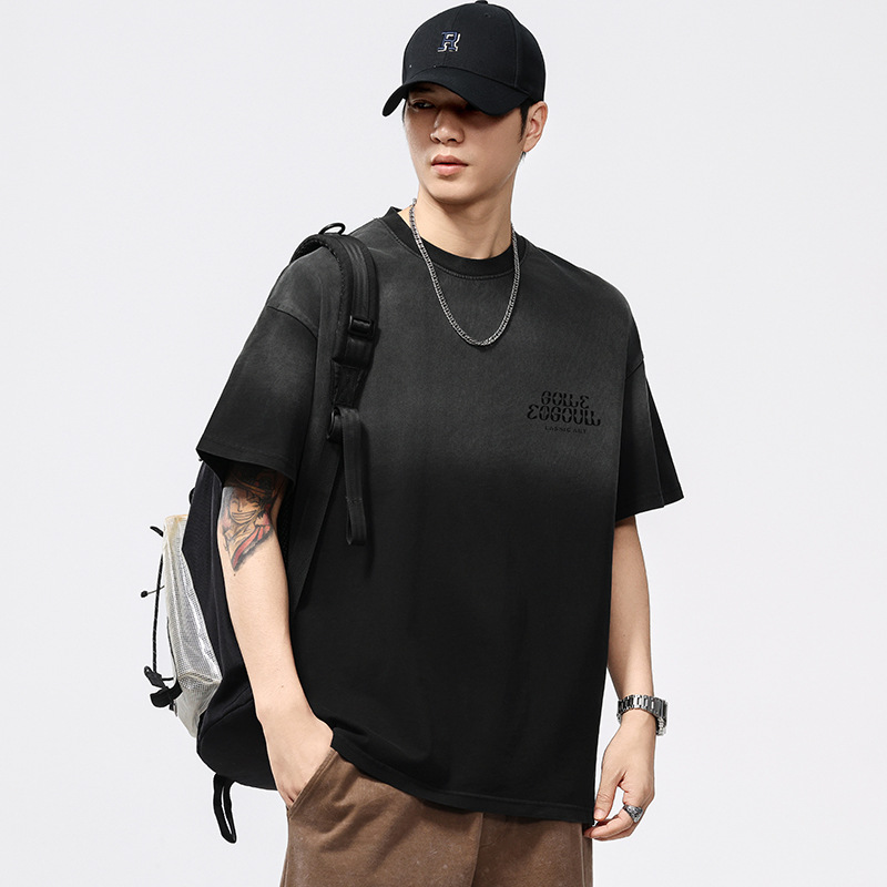 T3616 | plus size men's summer new wash water gradient round neck T-shirt men's loose tide brand cotton printed short sleeve