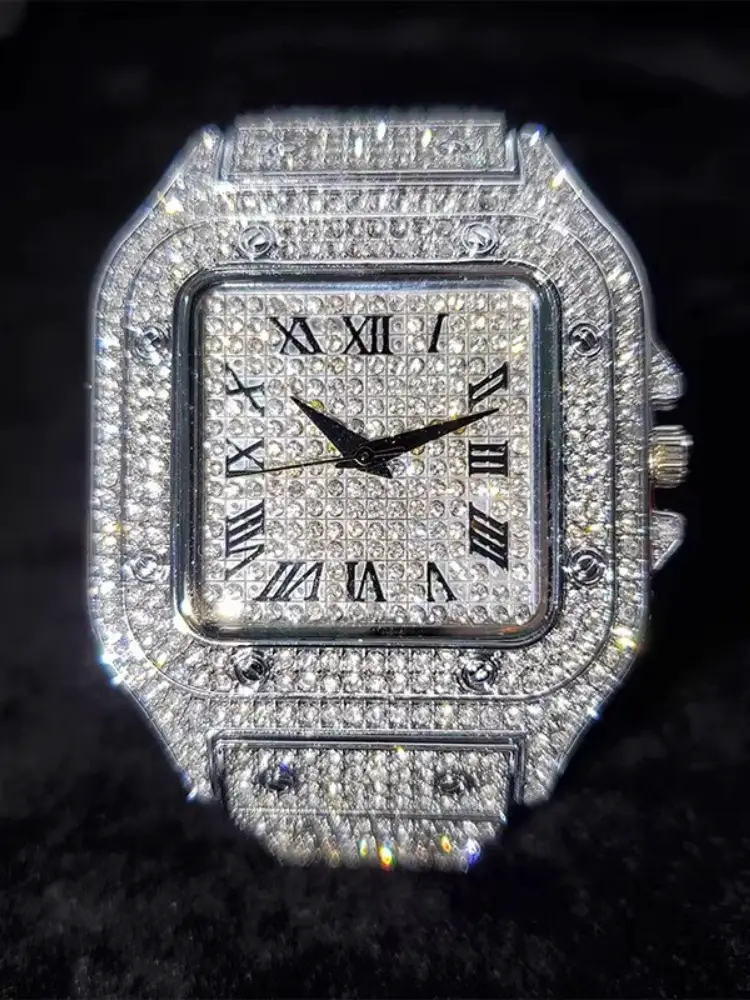 European and American Roman high-end hip-hop star studded square men's watch luxury fashion nightclub quartz watch