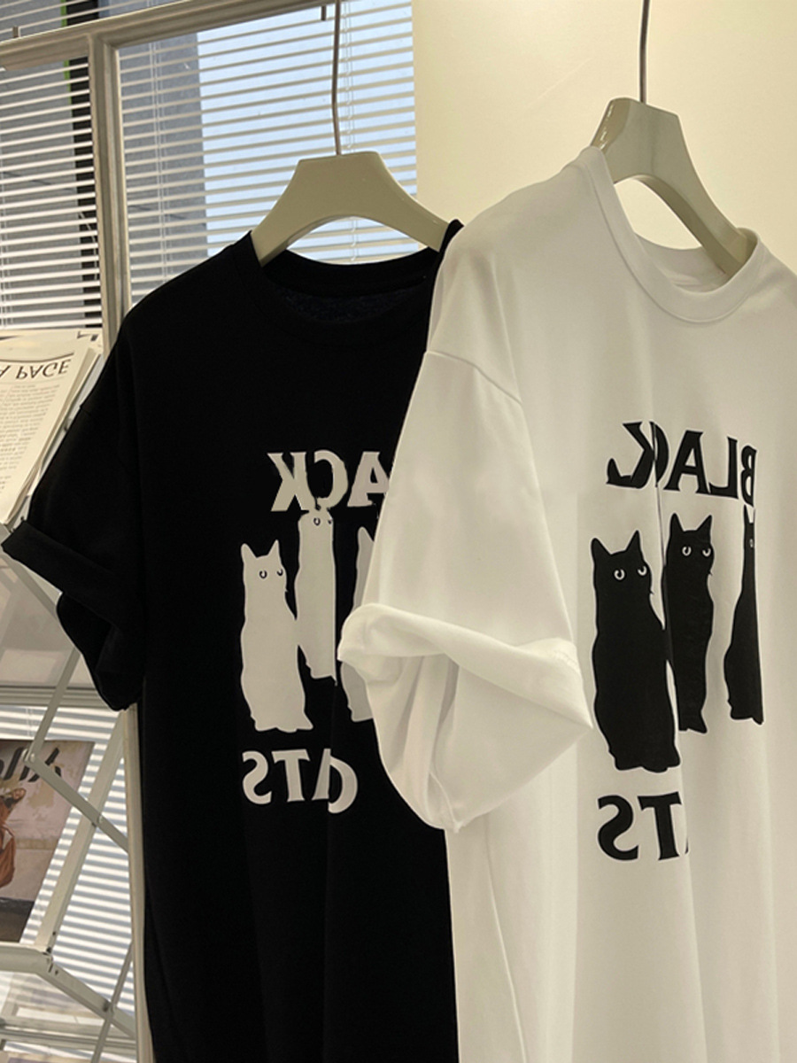 Black and White Cat Print T-Shirt Women's Right Shoulder Summer New Loose Large Size Cross-Border Customized White Short-Sleeved Top for Women