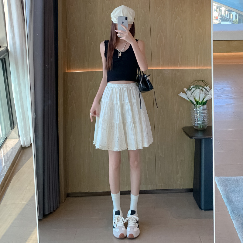 Polka Dot Chiffon Skirt for Women, Summer Thin Mid-Length Skirt, Petite Elastic Waist Cake Skirt, Versatile Pleated Short Skirt
