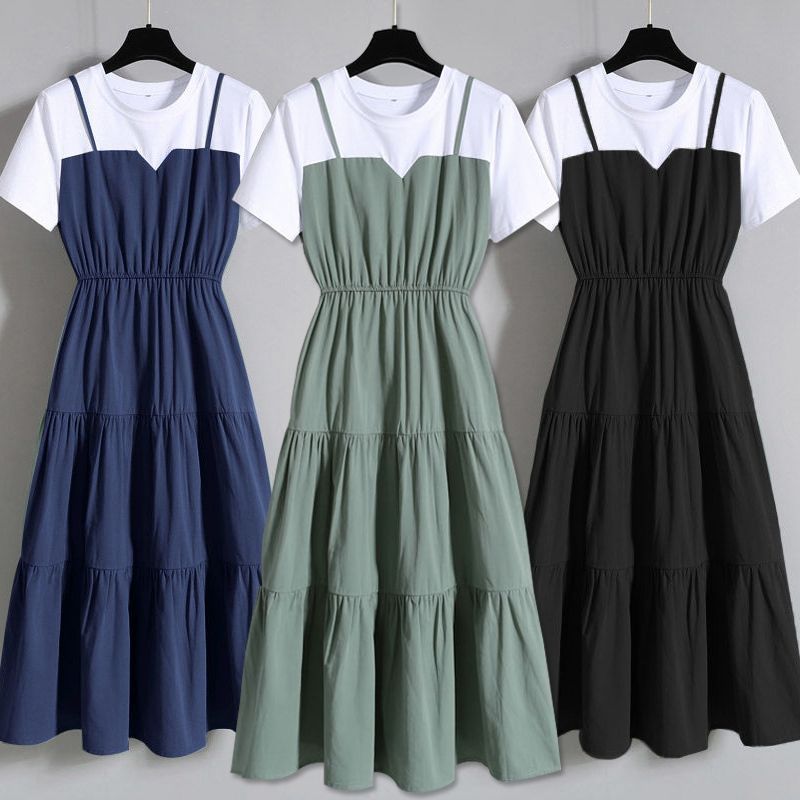 Plus Size Women's Fashion Suspender Fake Two-Piece Long Skirt 2025 Summer Fat Sister Waist Slimming Look Short-Sleeved Dress for Women