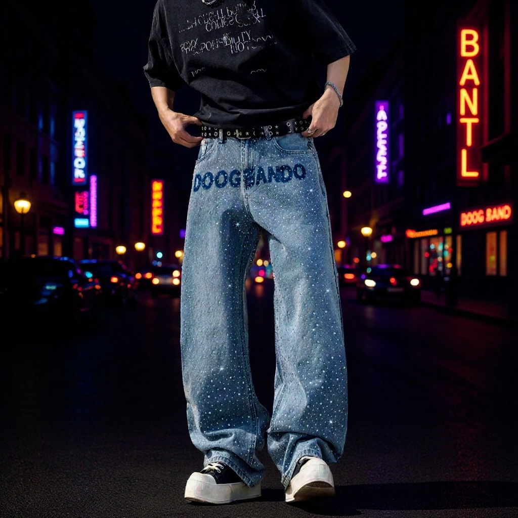 Letter Print Rhinestone Jeans Unisex Loose Straight Wide-Leg Pants American High Street Fashion Brand Cool Washed Long Pants
