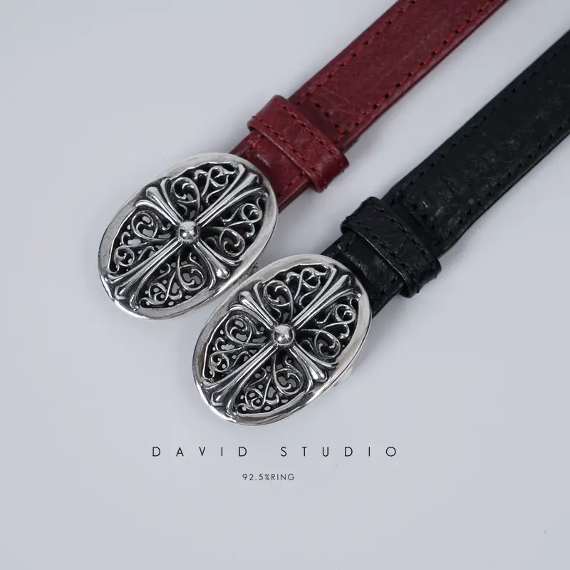 David Studio925 Sterling Silver Oval Cross Leather Bracelet Unisex Trendy Style