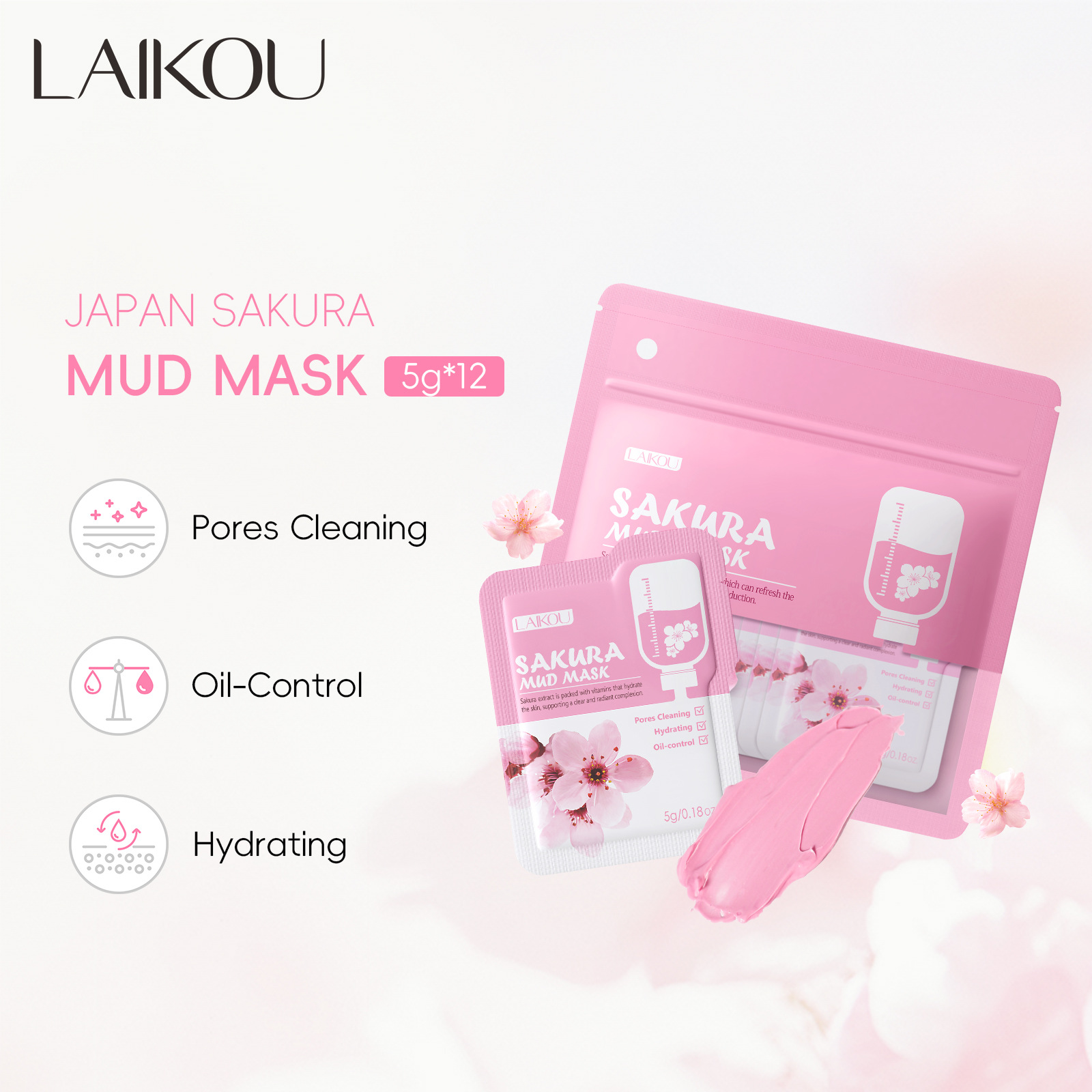 Cross-Border Laiko Sakura Mud Mask Bag 5Gx12 Pack Cleansing Skin Care Products English Packaging Foreign Trade Mask