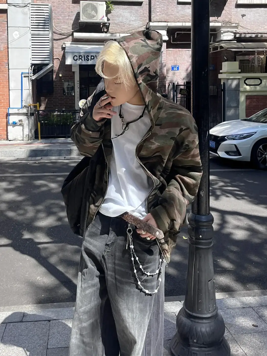 Autumn and Winter New Style Fleece-Lined Camouflage Zipper Cardigan Sweatshirt for Men, American Hip-Hop Loose Casual Washed Hooded Jacket
