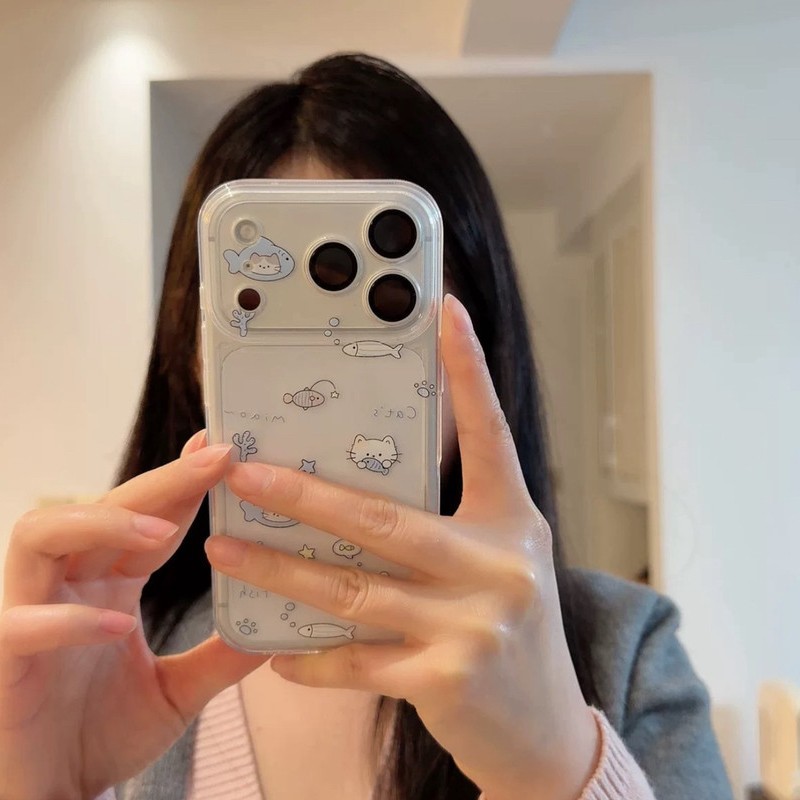 Blue Fish and Kitten Suitable for Apple 16 17Promax Mobile Phone Case 14 15 Transparent 13Pro Soft Case 12 Fine