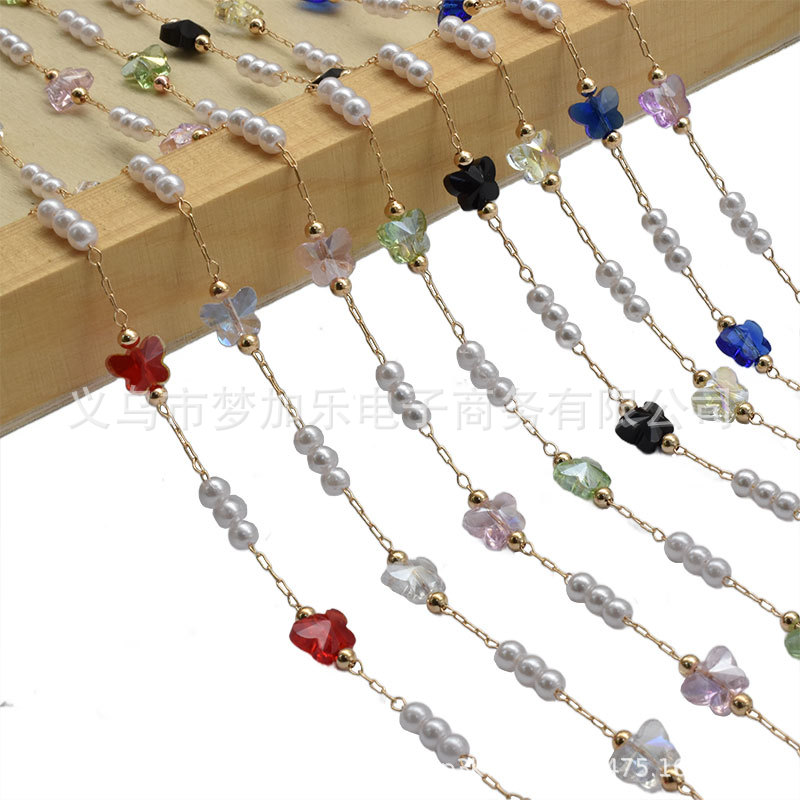 DIY chain pure copper color butterfly crystal pearl chain retro exotic antique Chinese clothing glasses chain handmade material