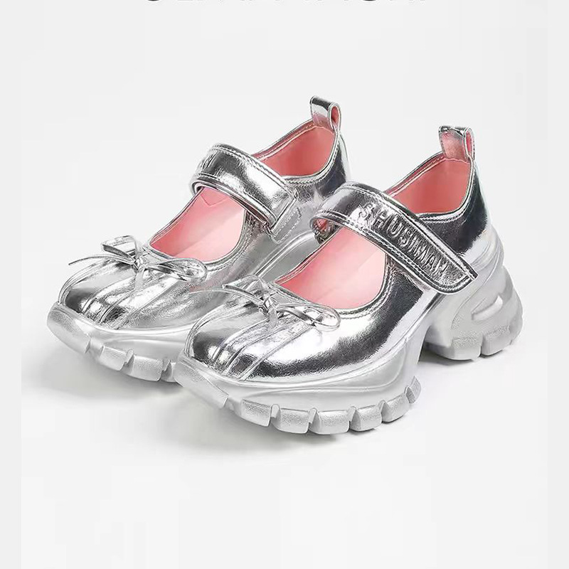 Spot Zhaoyi Same Silver Ballet Shoes Thick Bottom Velcro Shoes Shallow Mouth Bow Mary Jane Women's Shoes