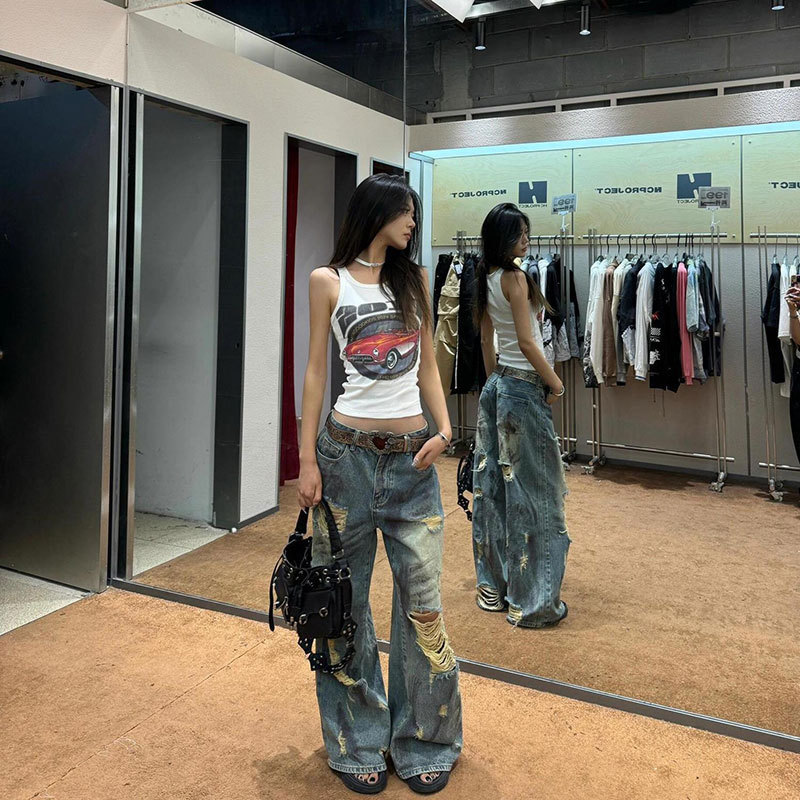 American-Style Distressed Ripped Jeans for Women, Summer Design, High-Waisted, Slimming, Straight-Leg, Wide-Leg Long Pants Fotografie QC de pe TAOBAO pe Qualit.ly