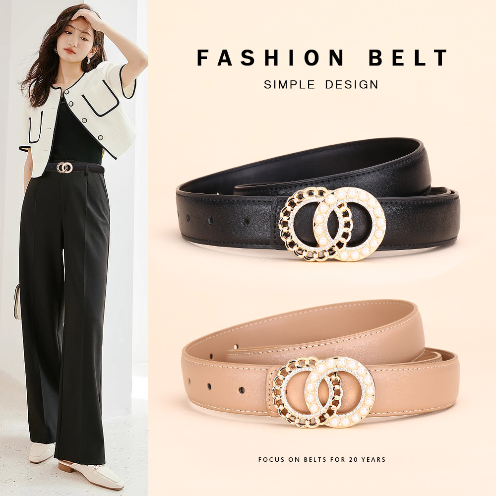 New Style Cowhide Leather Belt for Women, Decorative Double Ring Belt with Pearls and Diamonds, Simple and Versatile, Suitable for Suits and Pants