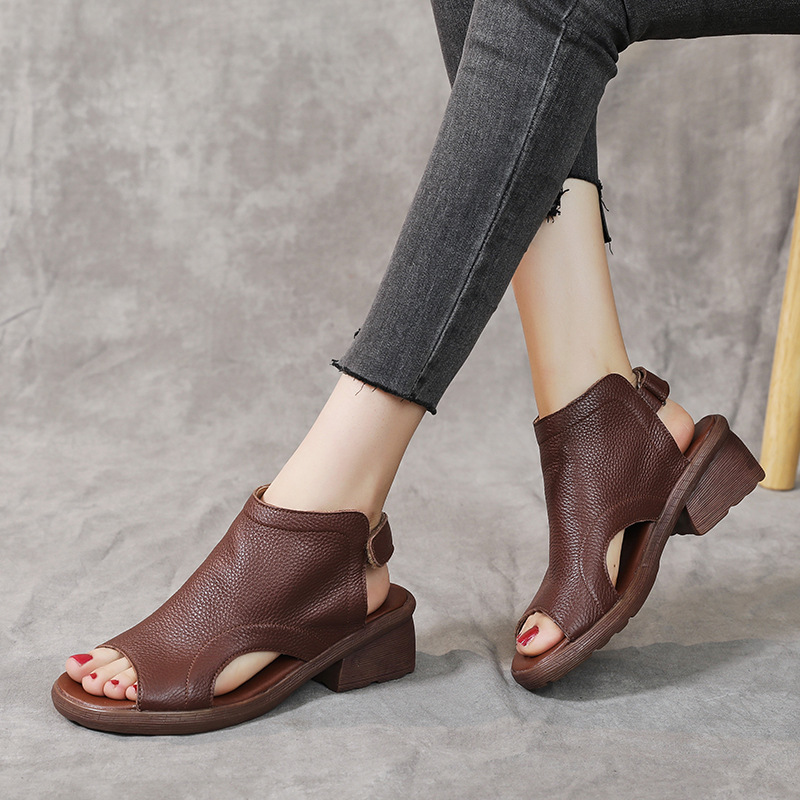 Summer Women's Sandals New Genuine Leather Retro Artistic Women's Sandals Mid-heel Soft-soled Fish-toe Simple Casual Roman Women's Shoes