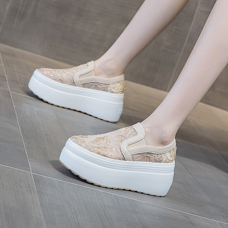 Women's Loafers 2026 New Summer Hollow Lace Mesh Thick-Soled Height-Increasing 8cm Versatile Thin Trendy Style