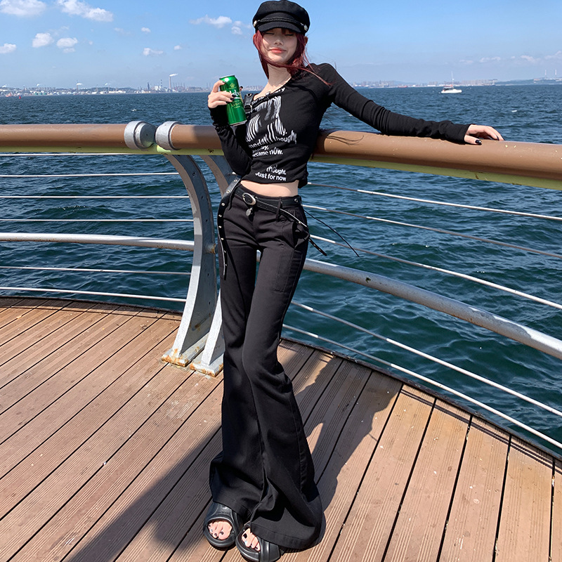 Hot Girl Low-waist Suit Pants Black Casual Pants for Women Spring & Fall 2024 New Loose Slimming Look Draped Horseshoe Bootcut Pants