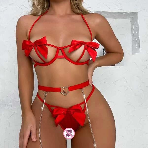 Cross-Border New European and American Style Lingerie, Sexy Hollow-Out Bow Bikini Three-Piece Set, Wholesale from Manufacturer