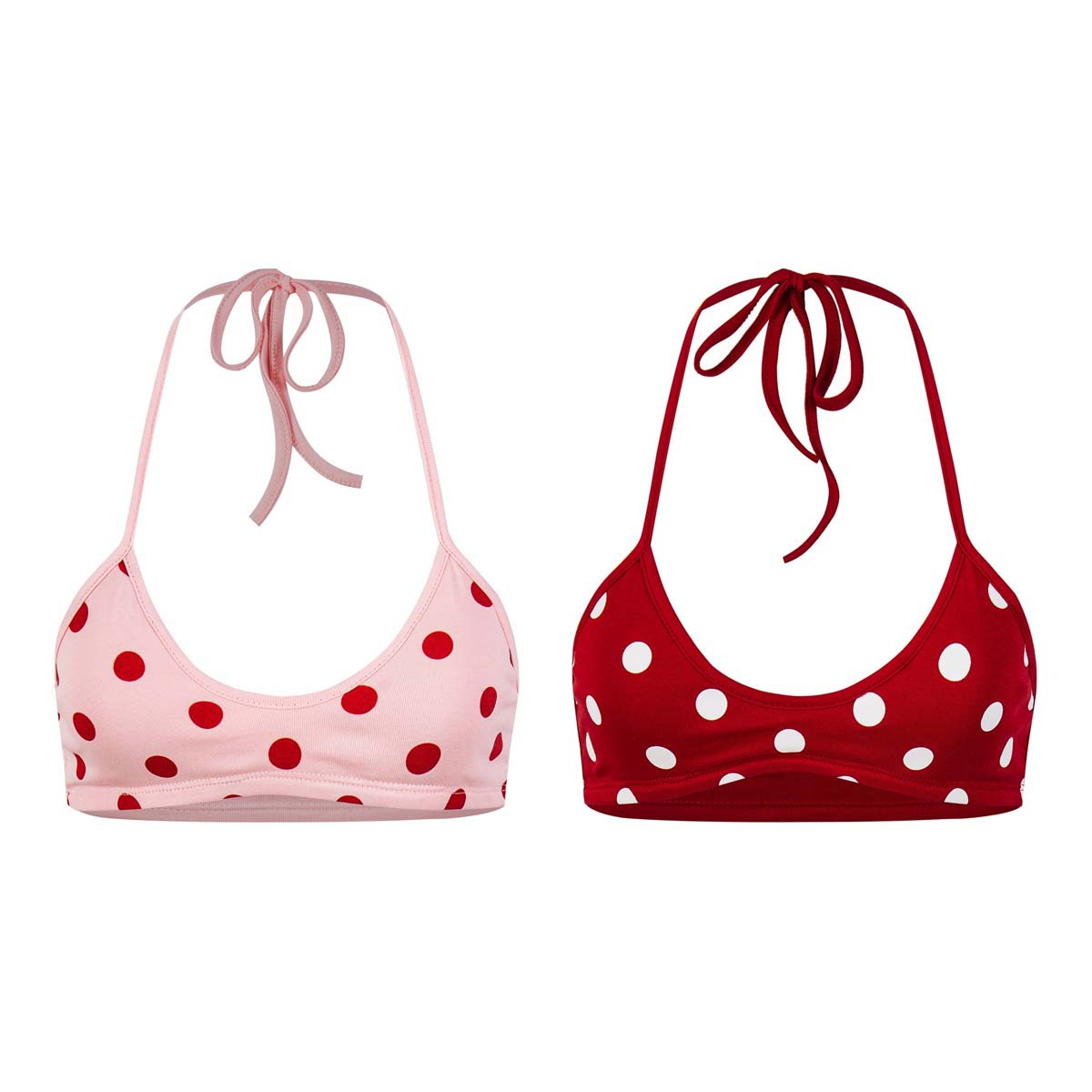 Hot Girl's Layered Design with Contrasting Color Polka Dots, Lace-Up Halter Bra, Summer Outerwear and Inner Wear Bra