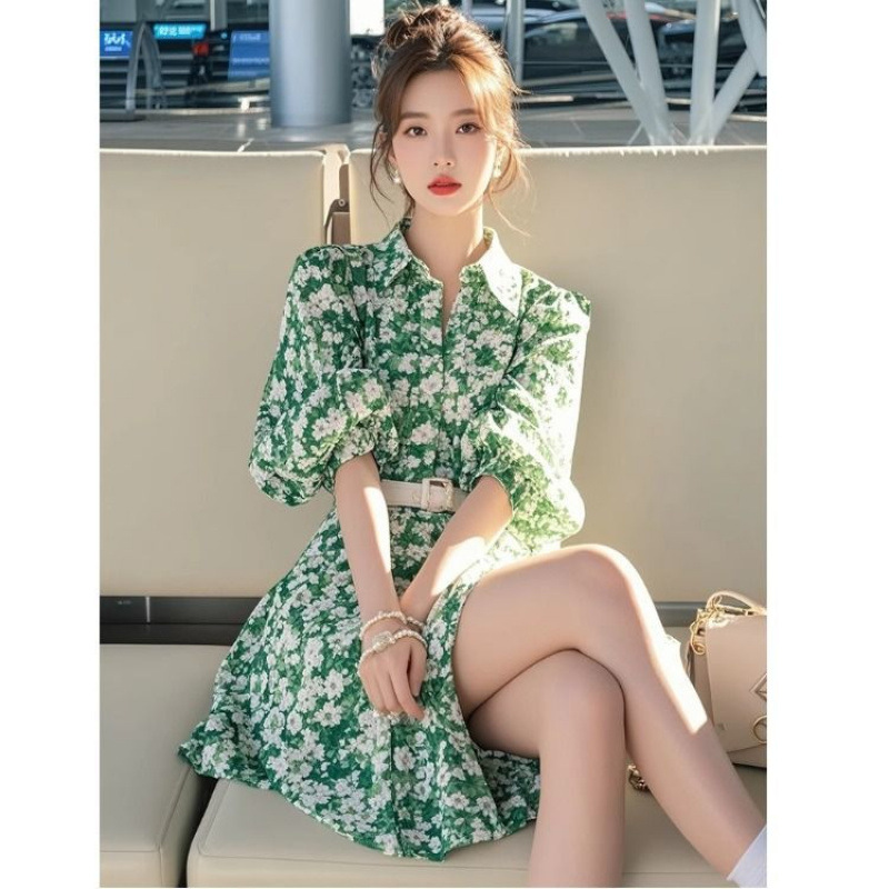 Spring and Summer Korean Style Green Floral Long-Sleeved Dress for Women Dopamine Pastoral Beautiful Shirt Dress