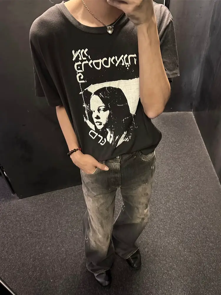 Erd Cuout Depressed Rich Second-Generation Christina Broken Girl Portrait Print Round Neck Short Sleeve T-Shirt for Men