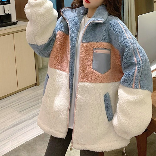 Colorblock Lambswool Coat Women's 2024 Winter Korean-style Loose All-match fleece-lined Thickened Top Small Men's Cotton-padded Jacket Trendy