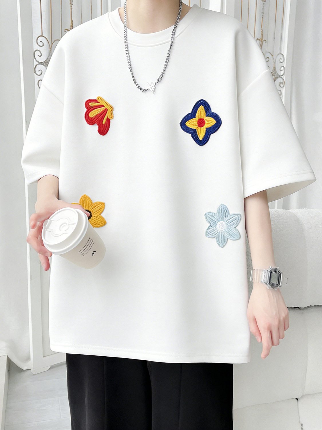 Floral Embroidery Short-Sleeve T-Shirt for Men, Summer Fresh Trendy Brand Loose Half-Sleeve T-Shirt, American-Style Round Neck Heavyweight Top