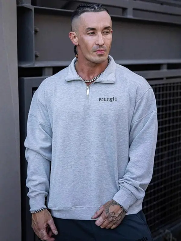 YOUNGLA American Style Men's Trendy Fall and winter Fitness Sweatshirt Men's Lapel Half Zip Letter Print Cotton Long sleeves