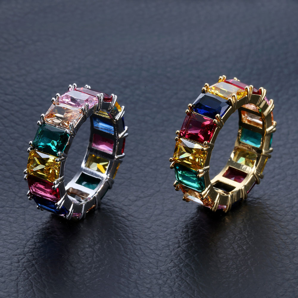 Cross-border European and American hip hop men's micro inlaid zircon RING colorful square zircon rainbow RING HIPHOP RING