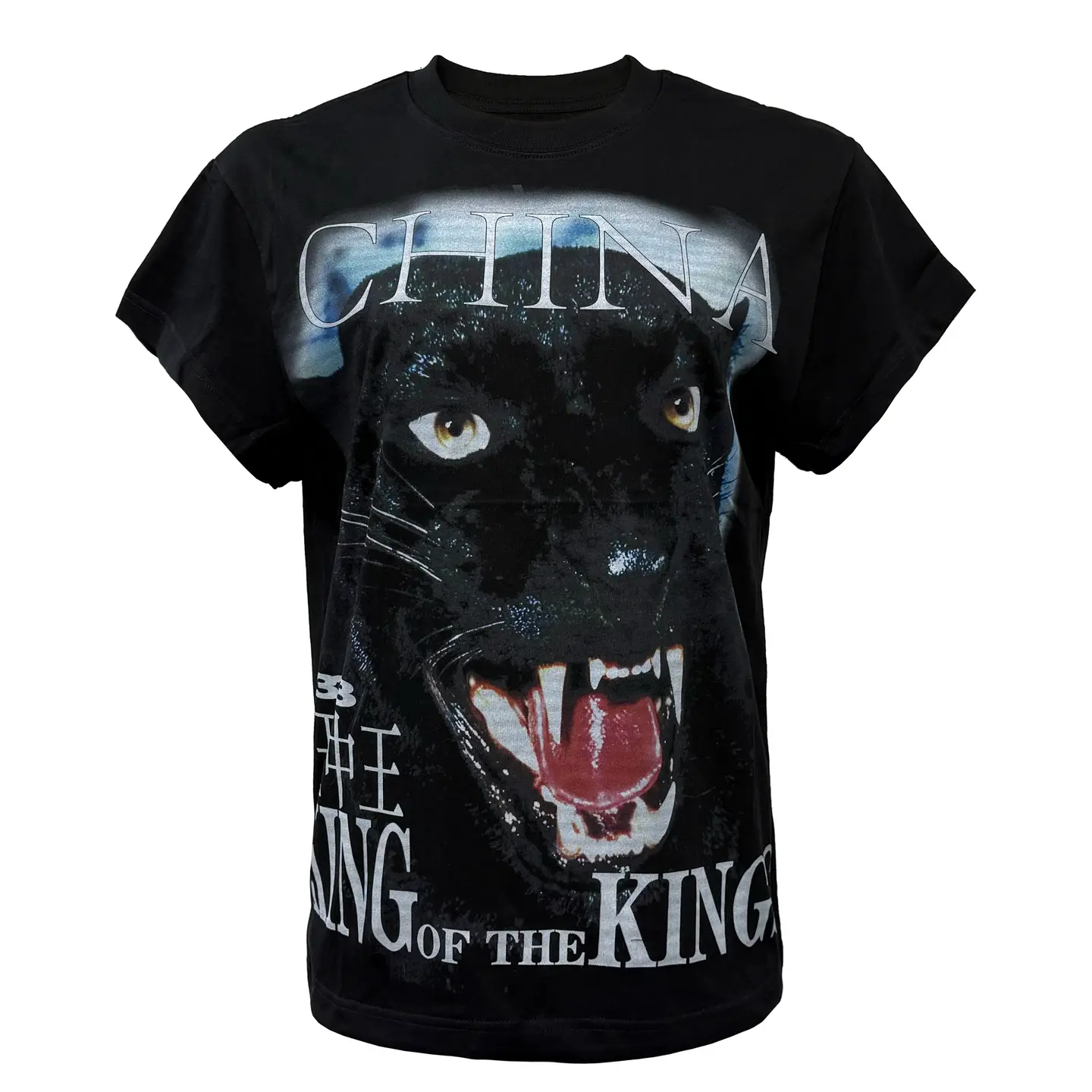 [Pccvision] 3Man0N King of Kings Black Panther Print Round Neck Black Loose Short Sleeve T-Shirt