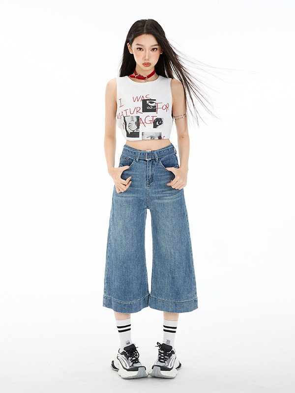 Fashion Blue Denim Cropped Pants for Women, Summer New High-Waisted Loose Hip-Covering Slimming Wide-Leg Drape Pants