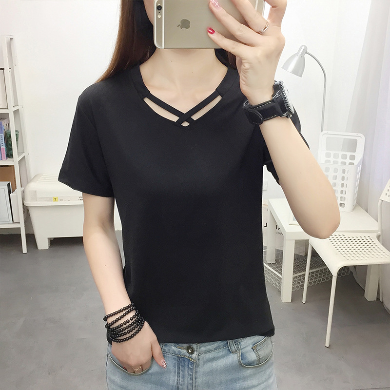 In-Stock 2026 Summer New Korean Style V-Neck Short-Sleeve T-Shirt for Women, Simple Base Shirt, One-Piece Wholesale