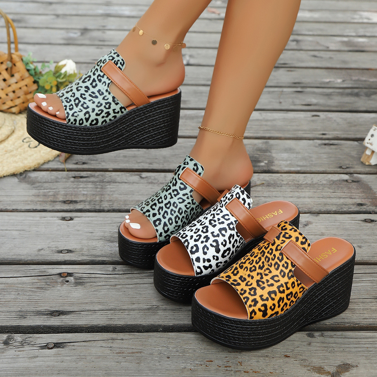 2025 Summer New Cross-Border Large Size European and American Style Leopard Print Wedge Heel Thick-Soled Fashionable Outer Sandals for Women Wholesale