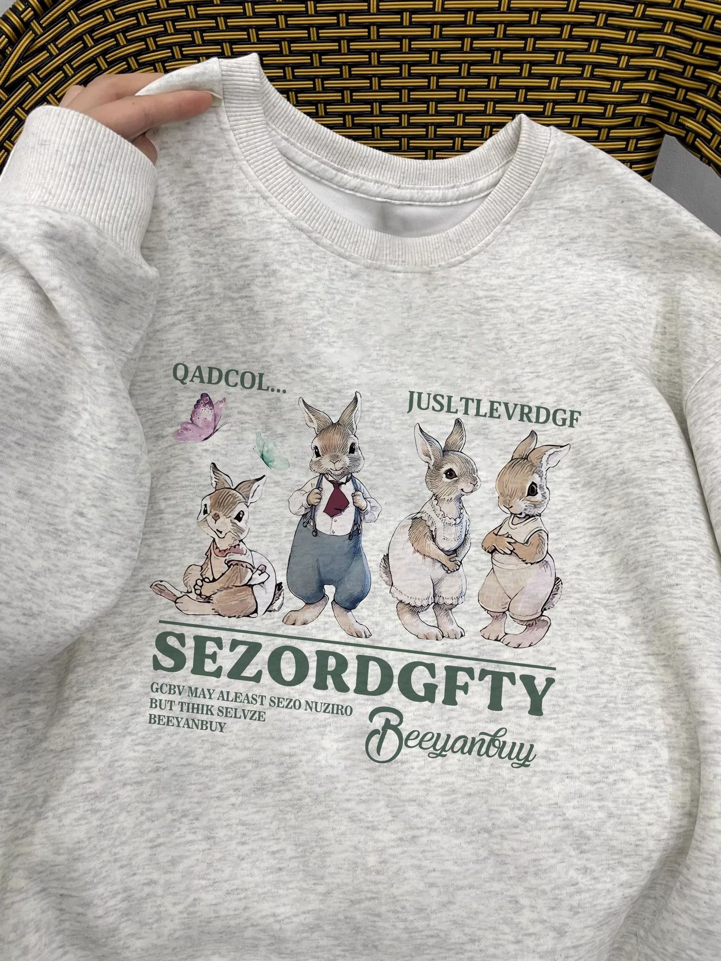 White gray kangaroo printed round neck sweater for women fleece-lined autumn and winter New couple pullover top men's and women's same class clothes