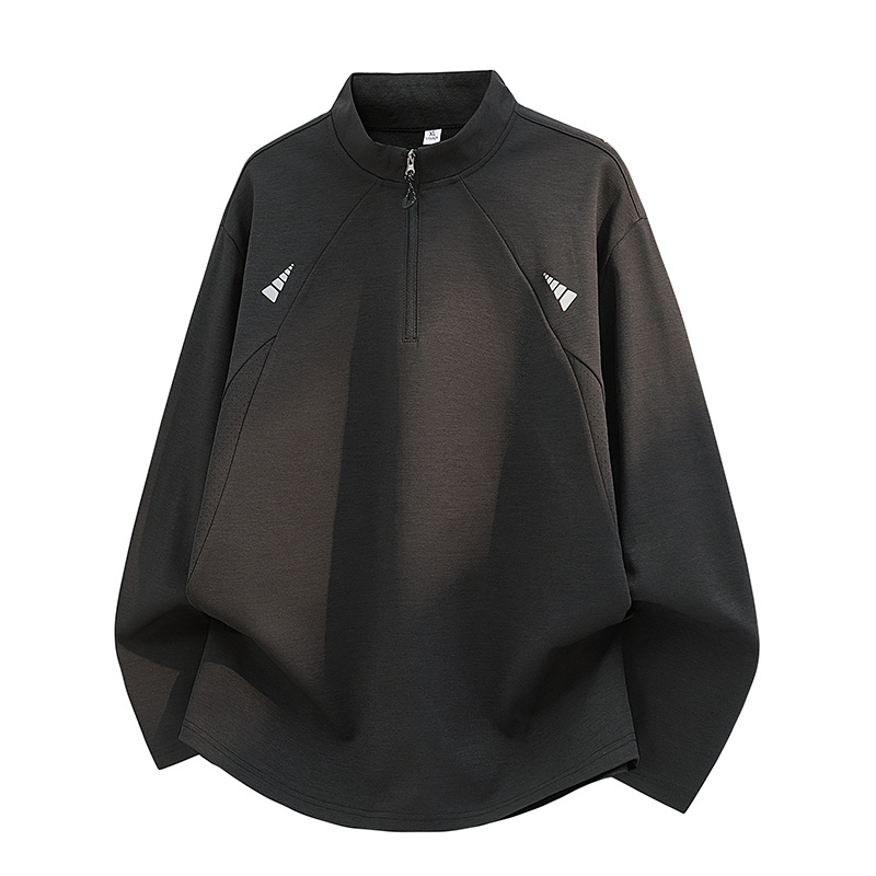 American-Style Heavy-Duty Patchwork Trendy Half-Zip Pullover Sweatshirt for Men, New Spring and Autumn Loose Fit Versatile Stand-Collar T-Shirt