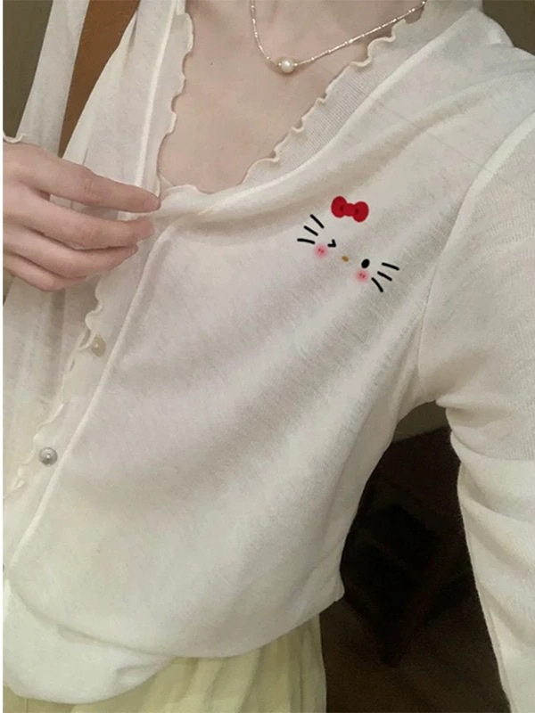 V-Neck Linen Cardigan for Women, Spring and Autumn Long-Sleeve Cartoon Cute Hello Kitty Cat - Ear-Shaped Sun Protection Shirt