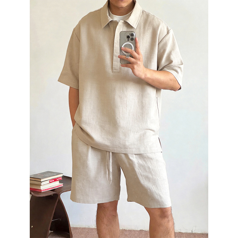 High-End Imitation Linen Old Money Style Plus-Size Men's Summer Thin Polo Shirt Short-Sleeve Shorts Casual Two-Piece Set