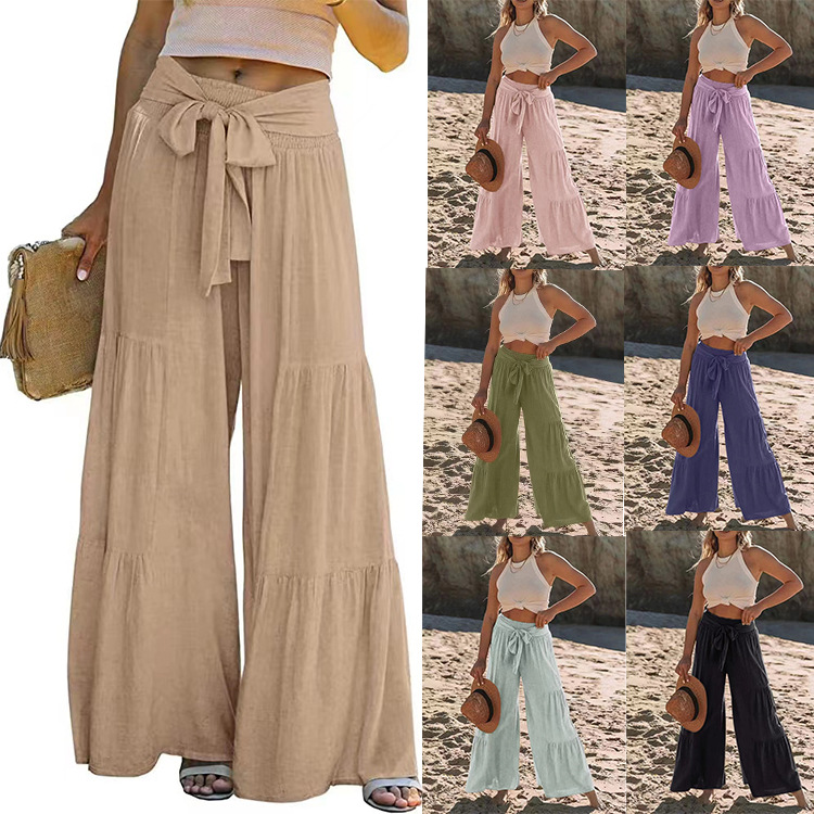 Cross-border Amazon European and American Women's Fashion Temperament Strap Stitching High Waist Pleated Wide Leg Pants Casual Loose Pants