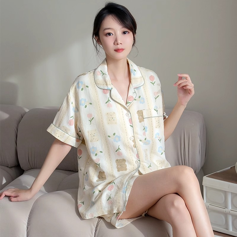 Cartoon Striped Bear Pajamas Women's Summer Short Sleeve + Shorts Summer Student Cardigan Sweet Ins Style Home Clothes Set