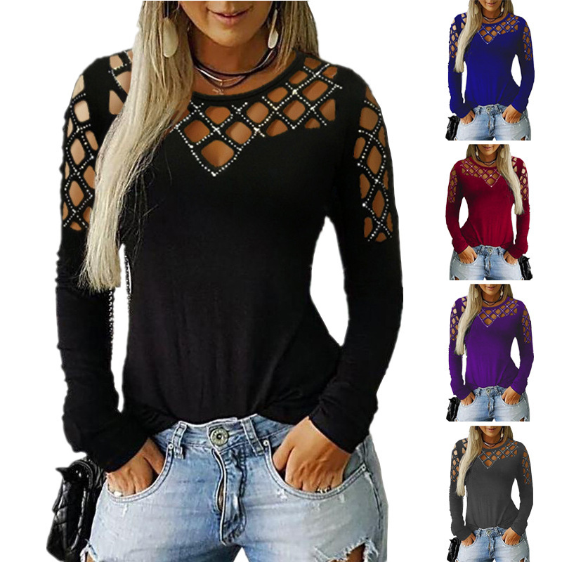 European and American cross-border 2023 Women's clothing eBay Amazon wish autumn and winter popular hollow rhinestone long-sleeved T-shirt top for women