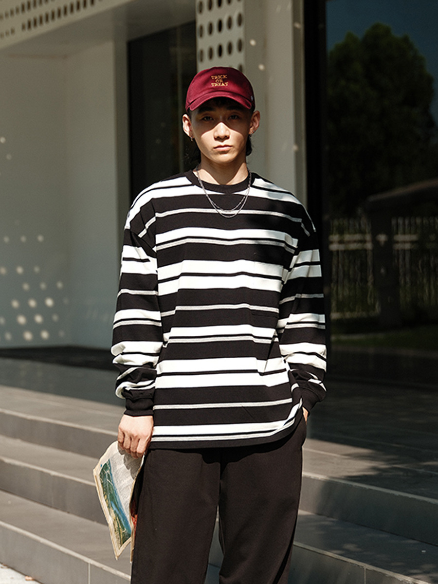TRS Men's Wear | 24SS Japanese cityboy Woven 320G Color-matching Stripe Wash Profile Long Sleeve T-shirt Men