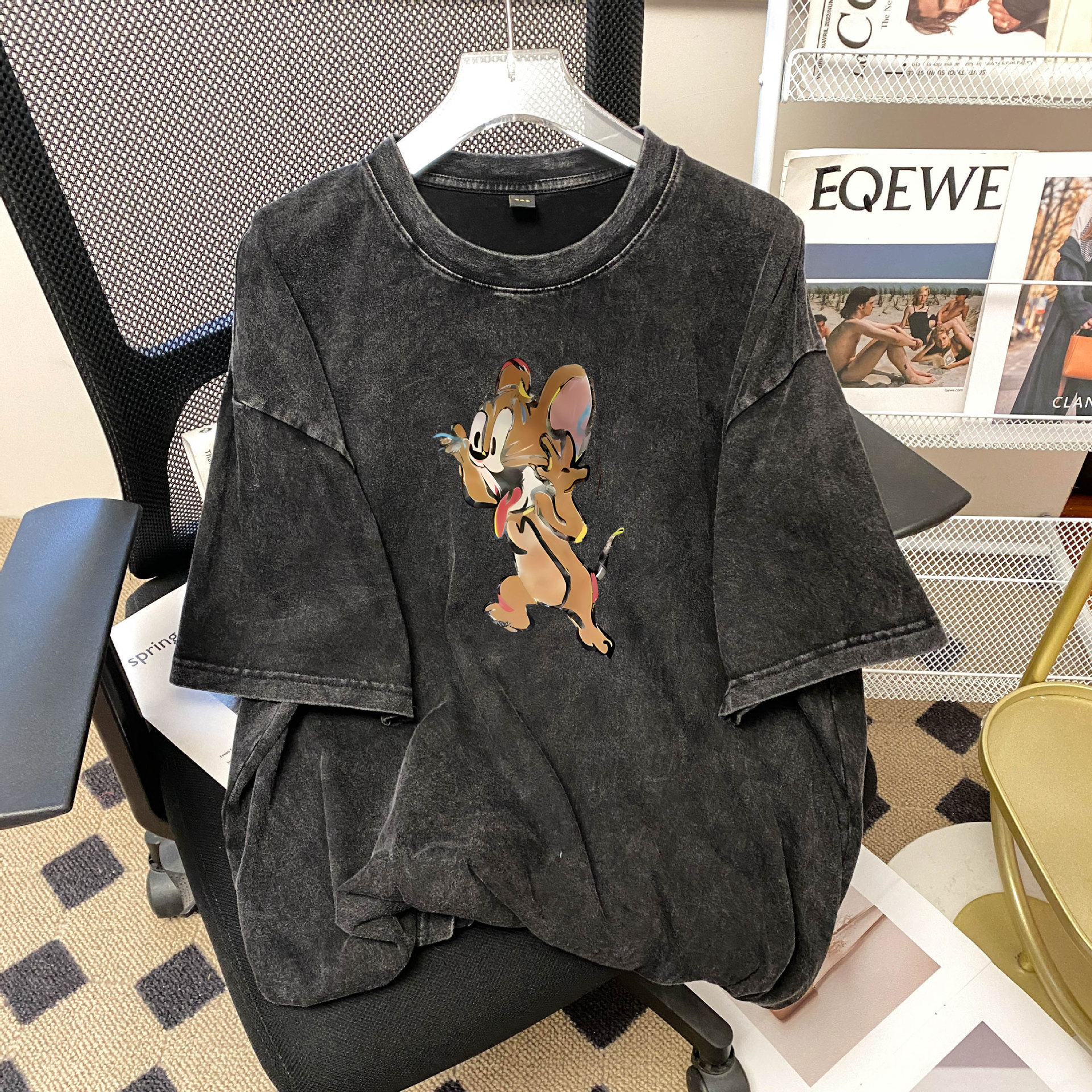 Vintage Cat Washed Black 220g Heavy Cotton T-shirt Women's Men's Summer New Loose plus size T Short Sleeve Top