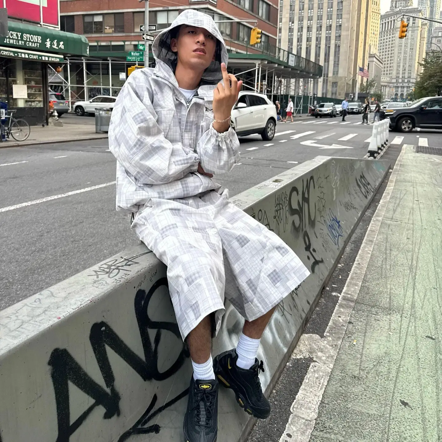 欧美外贸跨境mertra格纹连帽夹克冲锋衣外套潮牌嘻哈说唱街头穿搭