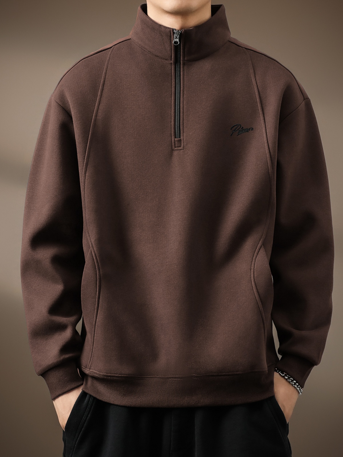 Stand Collar Half-Zip Simple Embroidered Sweatshirt for Men, Spring and Autumn American Retro New Casual Jacket Polo Shirt for Men