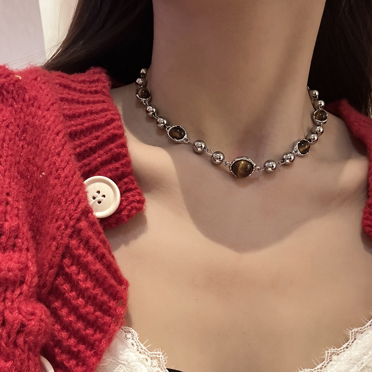 Y2K Style Maillard Tiger Eye Stone Titanium Steel Beaded Necklace Retro High-End Accessories Clavicle Chain Sweater Chain Jewelry